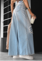 Pantaloni din denim wide leg z przetarciami No One Asked albastre