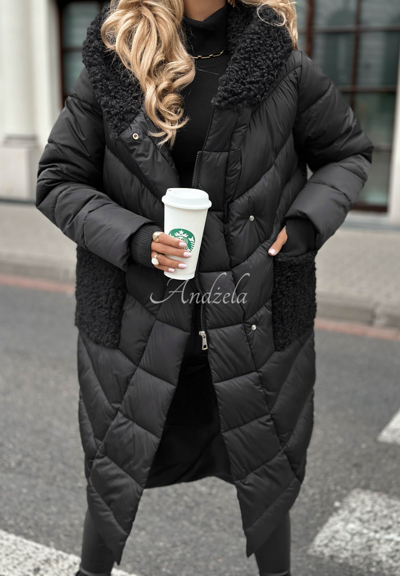 Geacă lungă matlasată Long Cold Winter din imitație de lână de miel