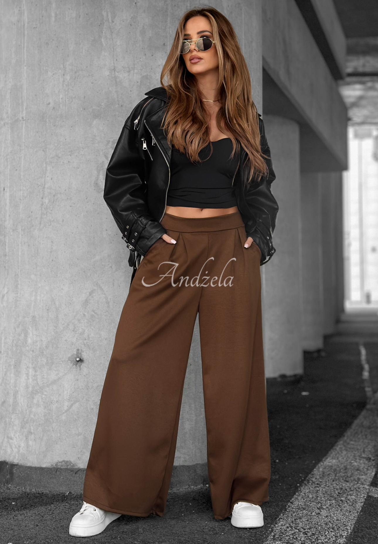 Pantaloni wide leg din material Listen Me