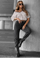 Tricou w paski Try That Again biało-ciocolatiu