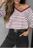 Tricou w paski Try That Again biało-burgundowy