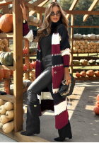 Długi Cardigan w paski Spill The Tea negru-burgundowy