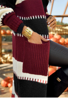 Długi Cardigan w paski Spill The Tea negru-burgundowy