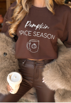 Tricou z nadrukiem Pumpkin Spice Season ciocolatiu