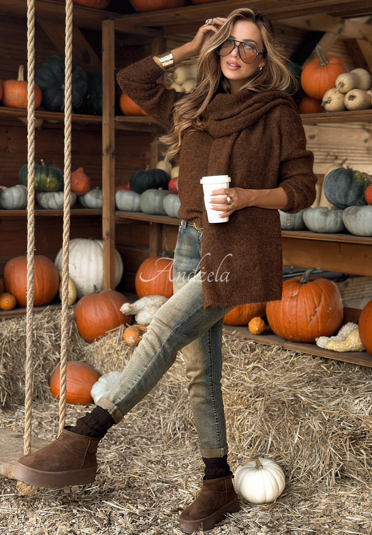 Set 2in1 pulover și eșarfă Cinnamon Caffe Latte