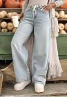 Pantaloni din denim wide leg z paskiem