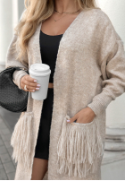 Długi Cardigan z frędzlami Find Her Glow bej
