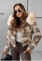 Scurtă Geacă w kwiaty z futerkiem Frosted Flowers bej