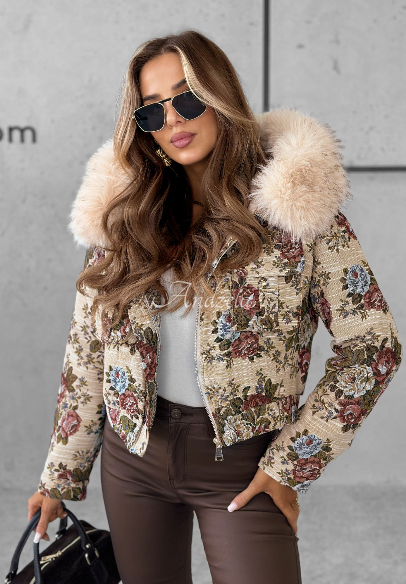 Geacă jacquard cu flori și blană Frosted Flowers