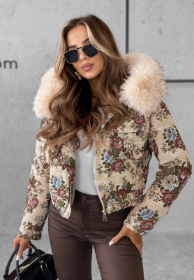 Geacă jacquard cu flori și blană Frosted Flowers