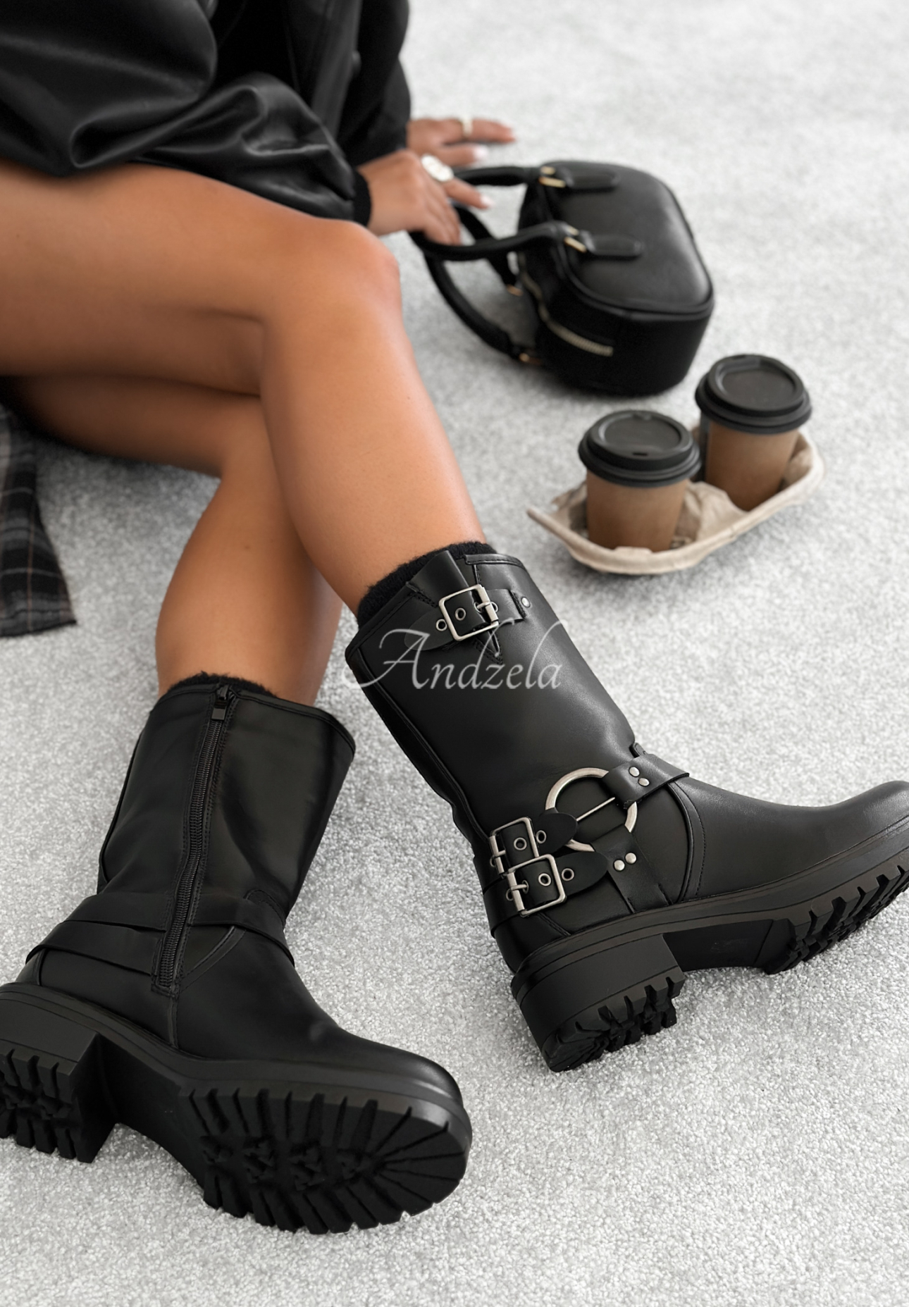 Botine biker din piele cu catarame These Cold Days