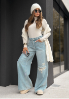 Pantaloni din denim wide leg z przetarciami You Were Here albastru deschis