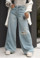 Blugi wide leg cu abraziuni You Were Here
