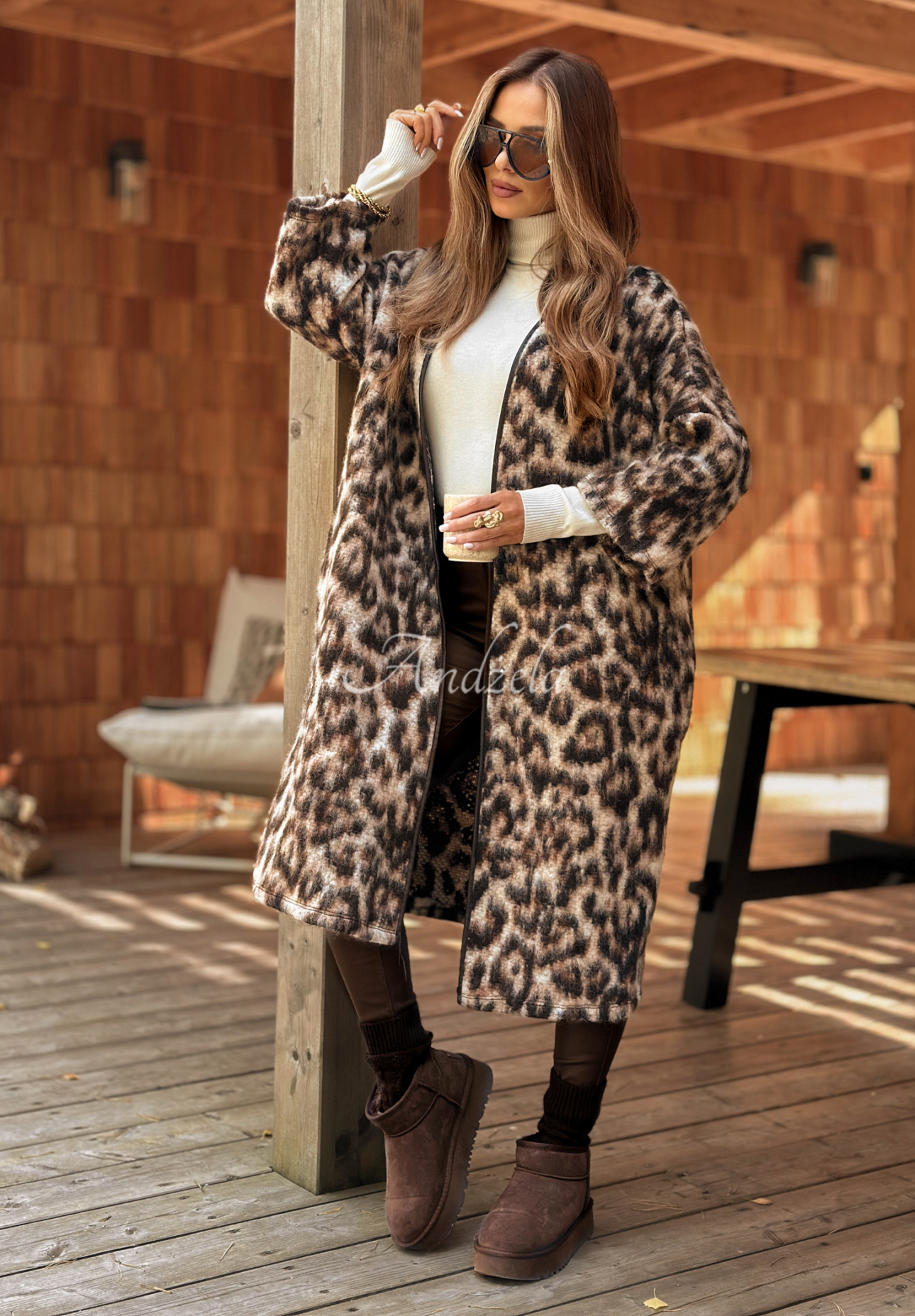 Cardigan lung din lână cu imprimeu leopard Sultry Fave