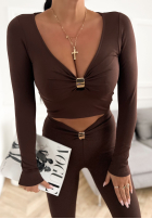 Scurtă Bluză longsleeve z aplikacją Missed Your Text ciocolatie
