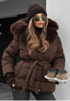 Pikowana Geacă z futerkiem i paskiem Coldest Moments ciocolatie