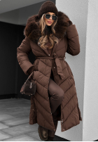 Długa pikowana Geacă z futerkiem Wintery Affection ciocolatie