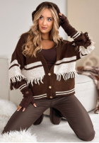 Krótki Cardigan oversize z frędzlami Hot Cocoa Time ciocolatiu