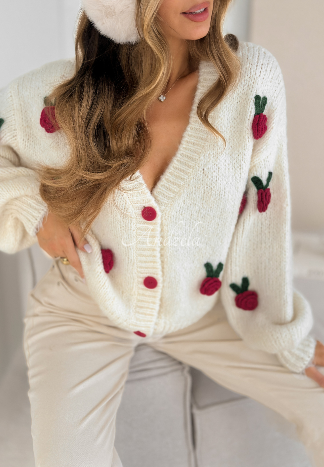 Cardigan cu închidere și adaos de lână Flower Lover