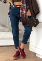 Pantaloni din denim mom fit z paskiem It's Not About You ciemnoniebieskie