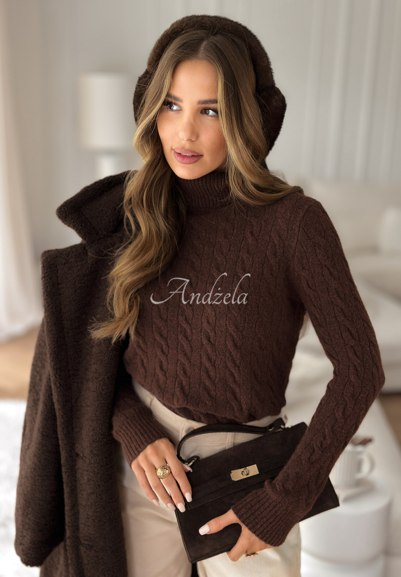 Pulover împletit decorativ cu guler înalt I Love Cold