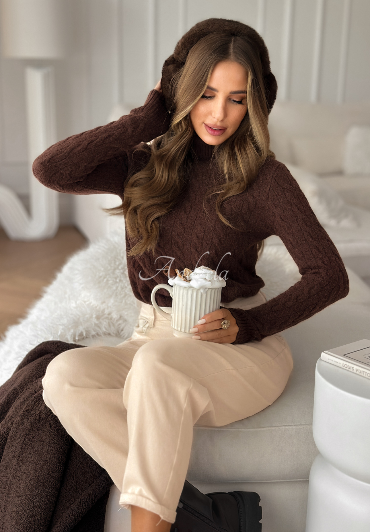Pulover împletit decorativ cu guler înalt I Love Cold