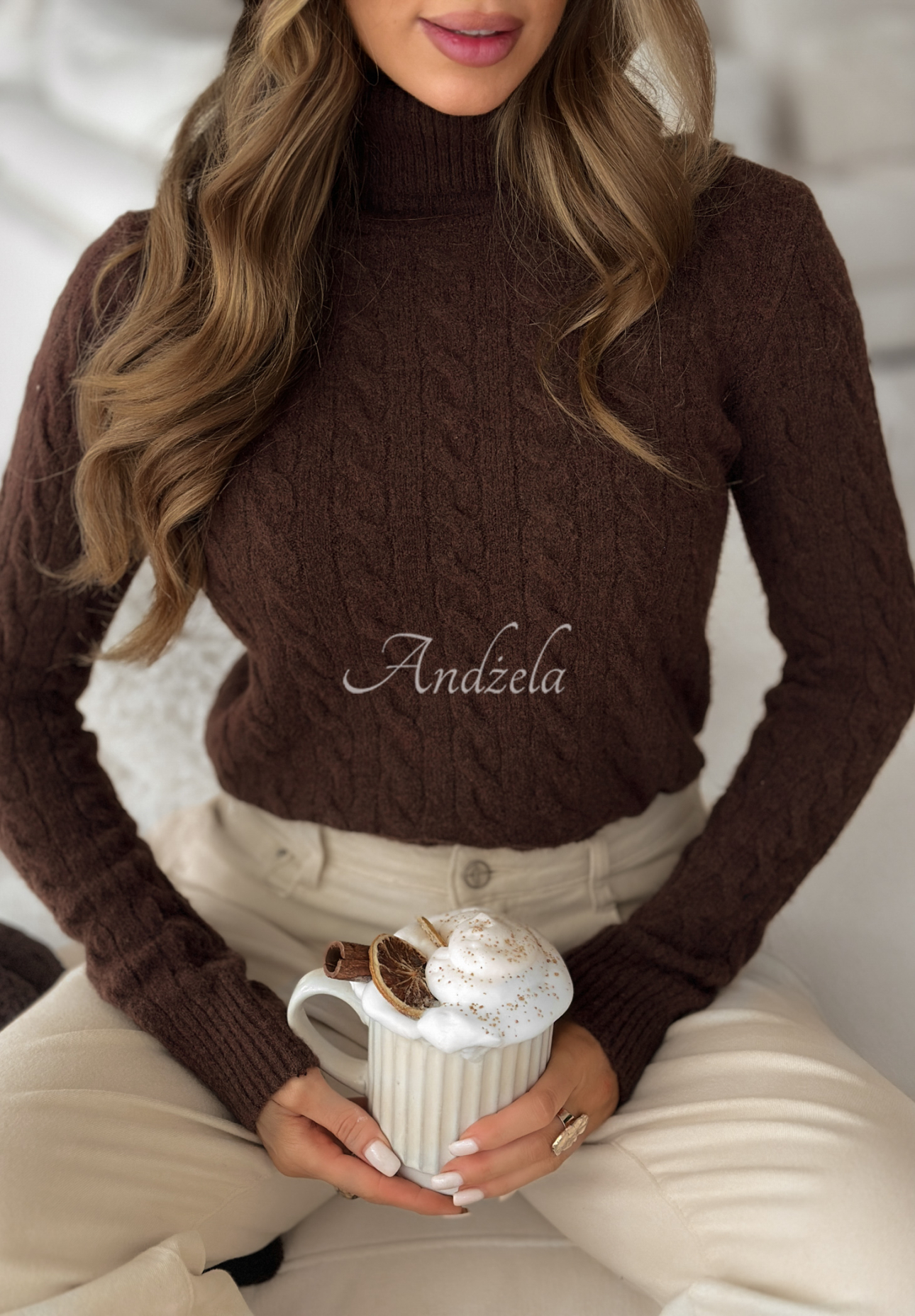 Pulover împletit decorativ cu guler înalt I Love Cold