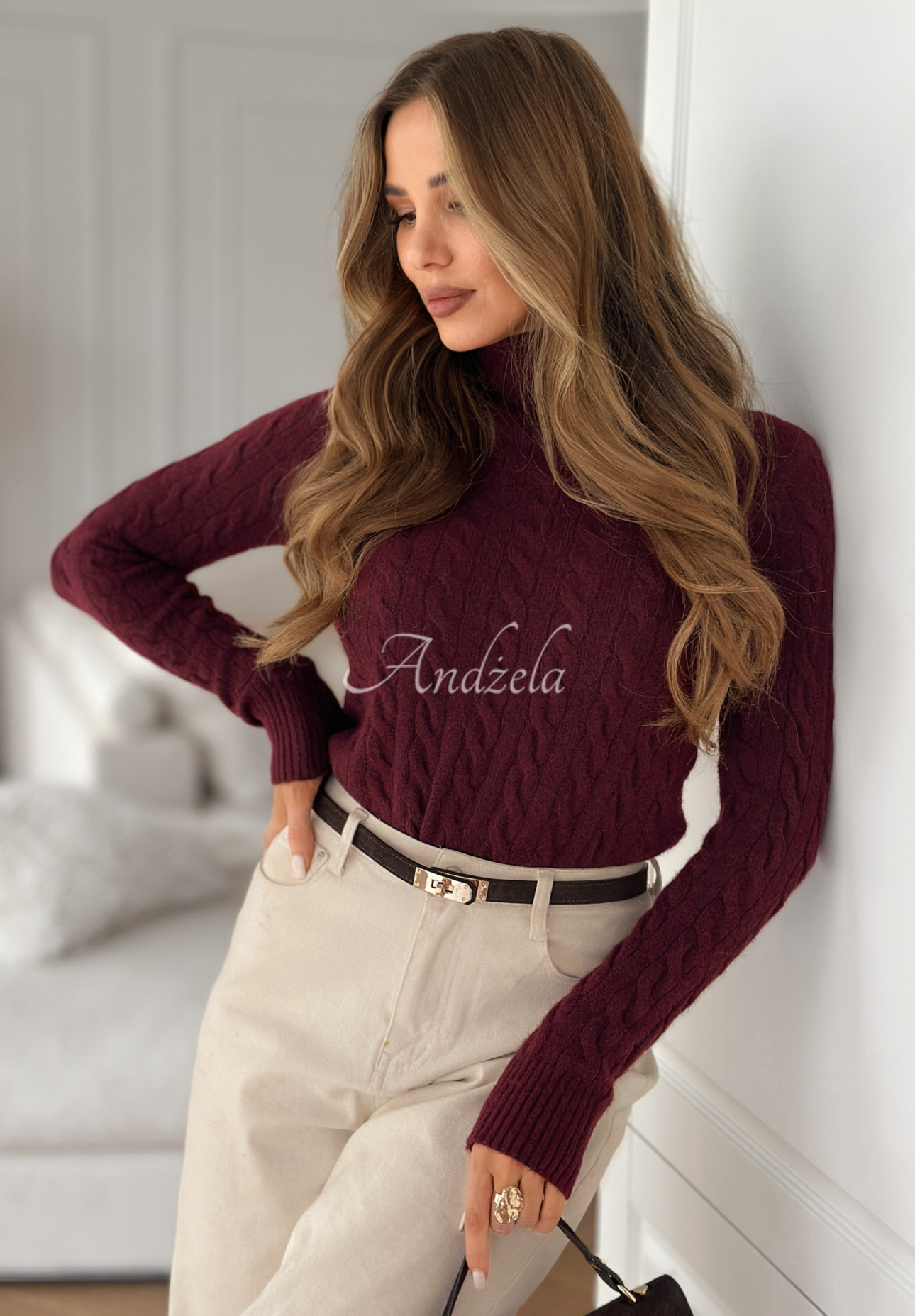 Pulover împletit decorativ cu guler înalt I Love Cold