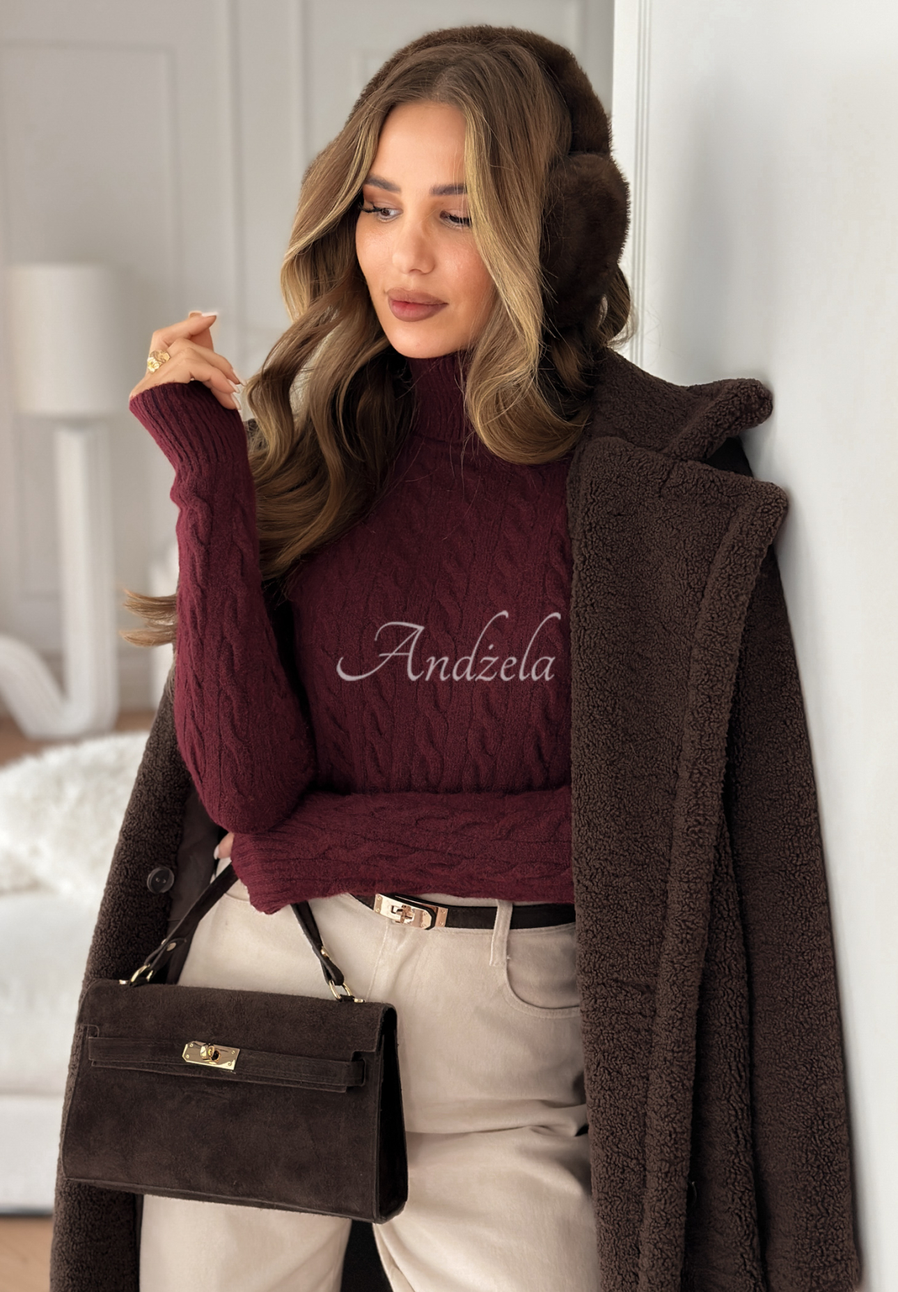 Pulover împletit decorativ cu guler înalt I Love Cold