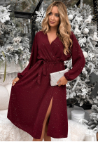 Błyszcząca Rochie midi z paskiem Glitter Rush burgundowa