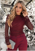 Siateczkowa Bluză z marszczeniem i dżetami Lights On Me burgundowa