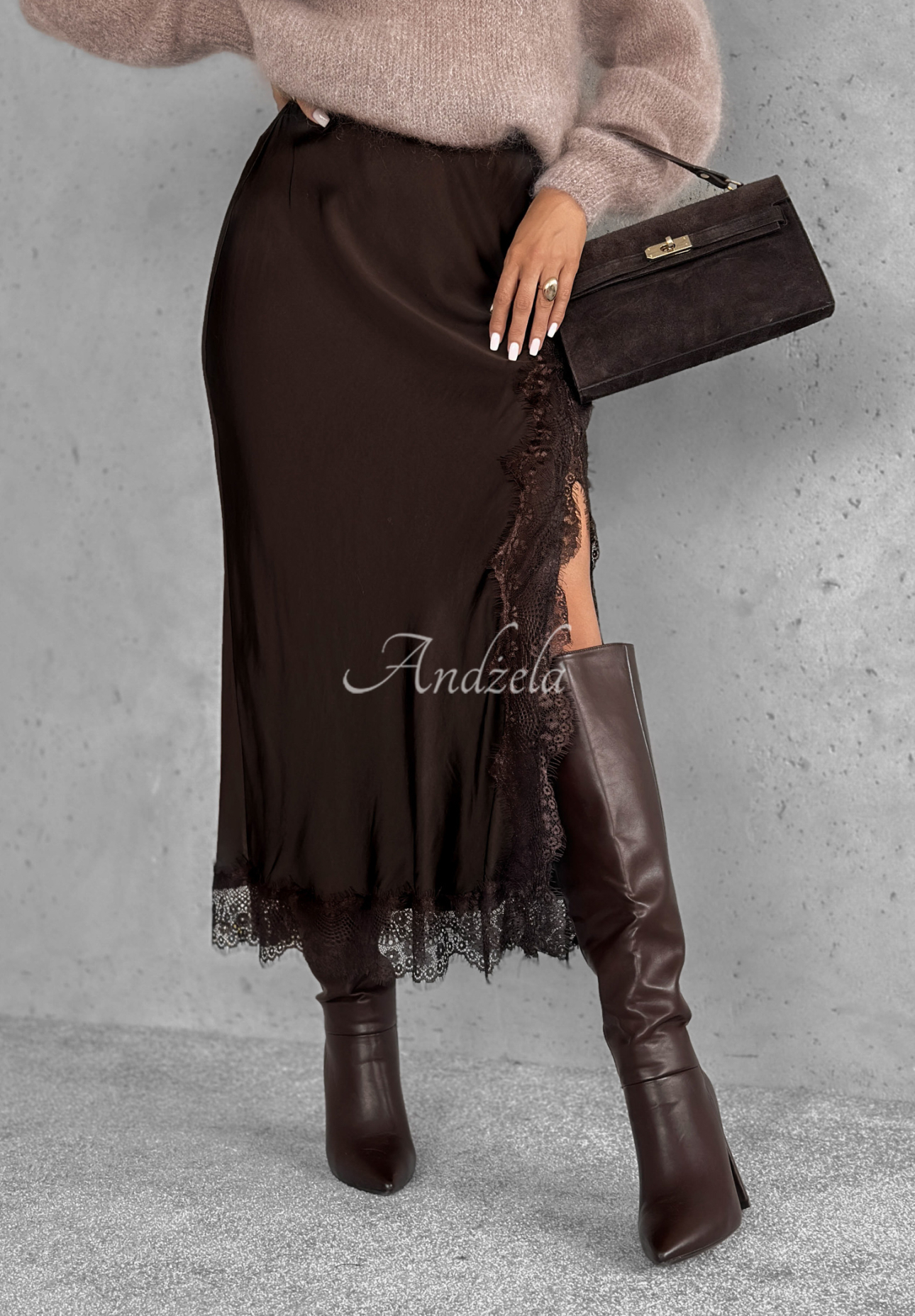 Fustă midi satinată din viscoză cu dantelă Hot Topic