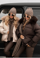 Pikowana Geacă z kapturem i futerkiem Little Snowman ciocolatie