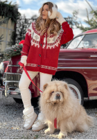 Wzorzysty Pulover z futerkiem Christmas Fireplace roșu