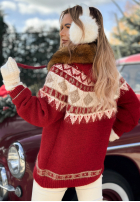 Wzorzysty Pulover z futerkiem Christmas Fireplace roșu