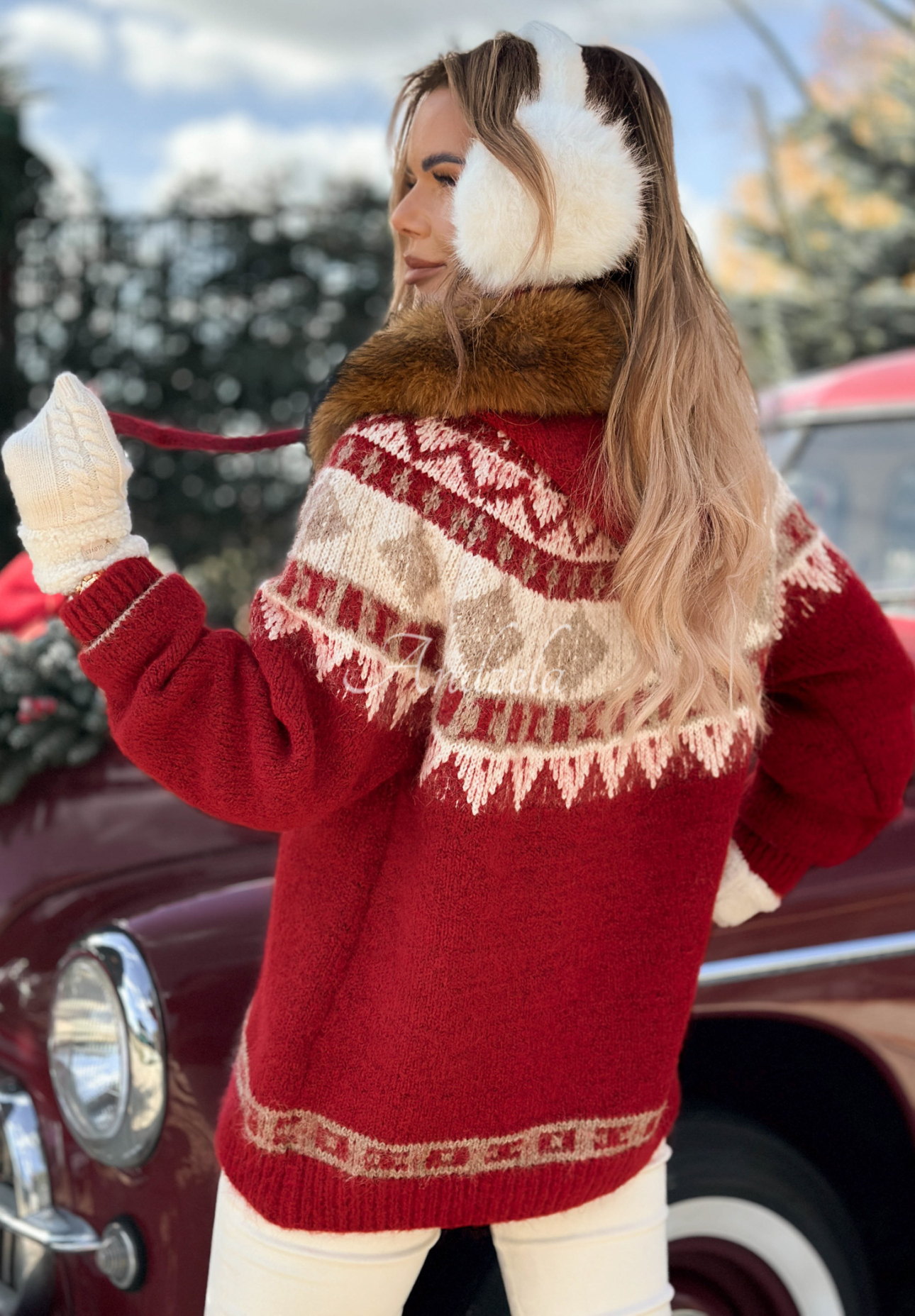 Pulover cu imprimeu și blăniță Christmas Fireplace