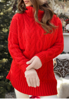 Ozdobnie pleciony Pulover z golfem Wrapped In Comfort roșu