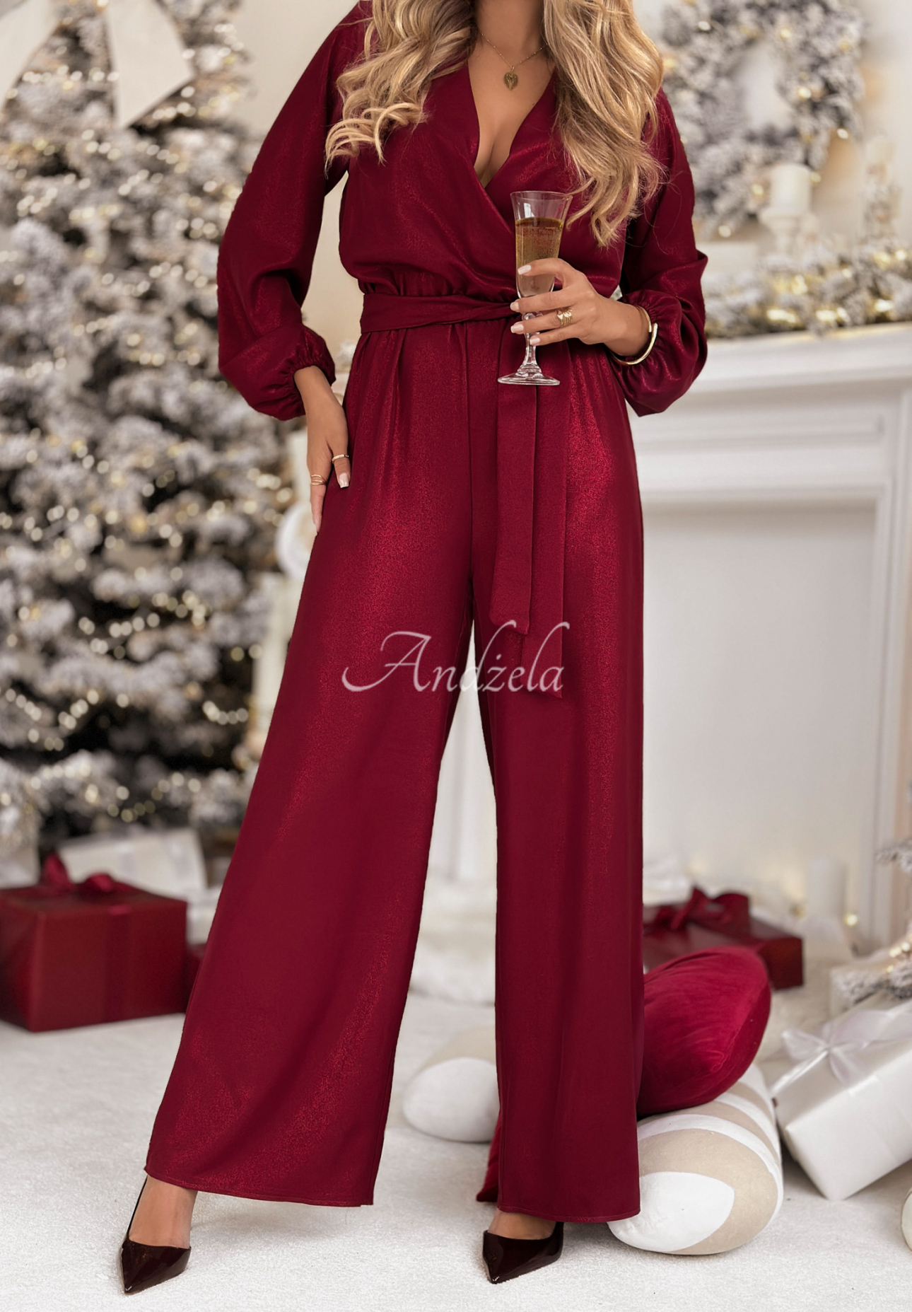 Salopetă lungă strălucitoare din viscoză Mistletoe &amp; Wine