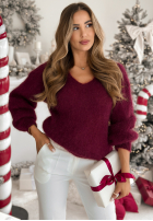 Moherowy Pulover z dekoltem w serek Sweater Soul burgundowy
