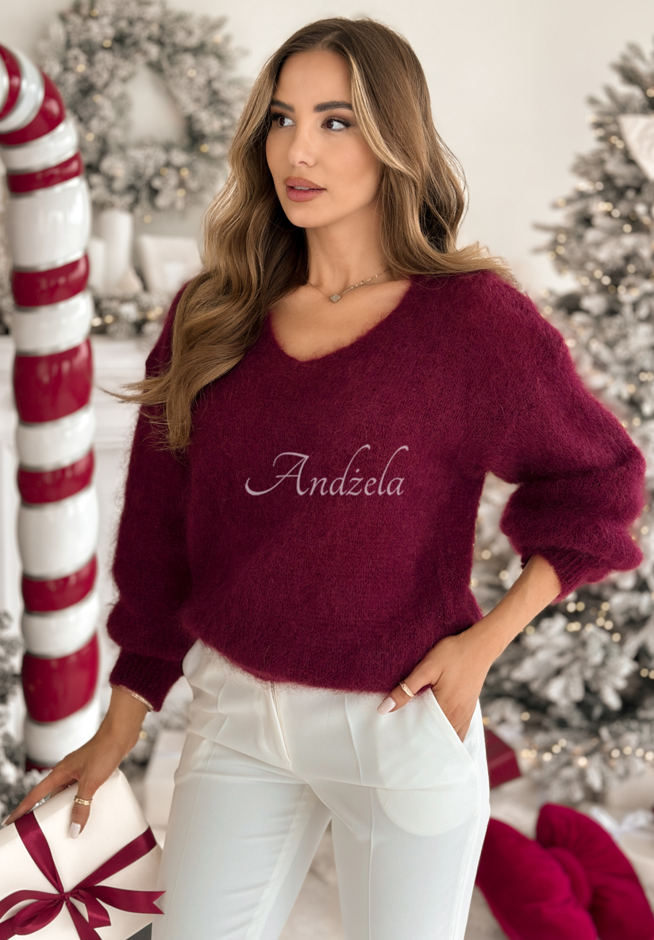 Pulover din mohair cu decolteu în V Sweater Soul