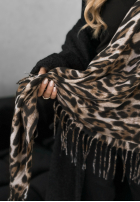 Eșarfă z frędzlami cu model tip panteră Wild Cold beżowo-negru