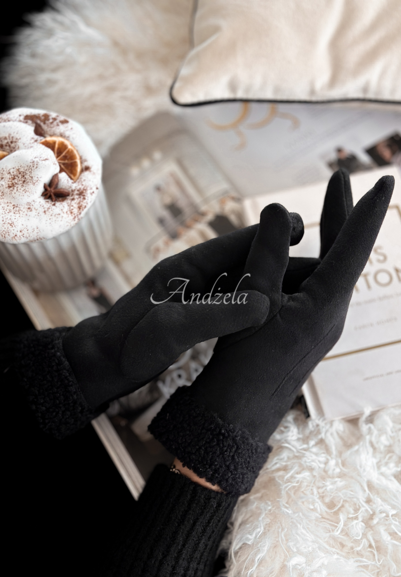 Mănuși din piele întoarsă cu blăniță Frozen Hours