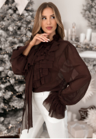 Cămașă z żabotem i wiązaniem Miss Delicacy ciocolatie