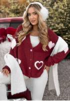 Krótki Cardigan oversiz w serca Second Date burgundowy