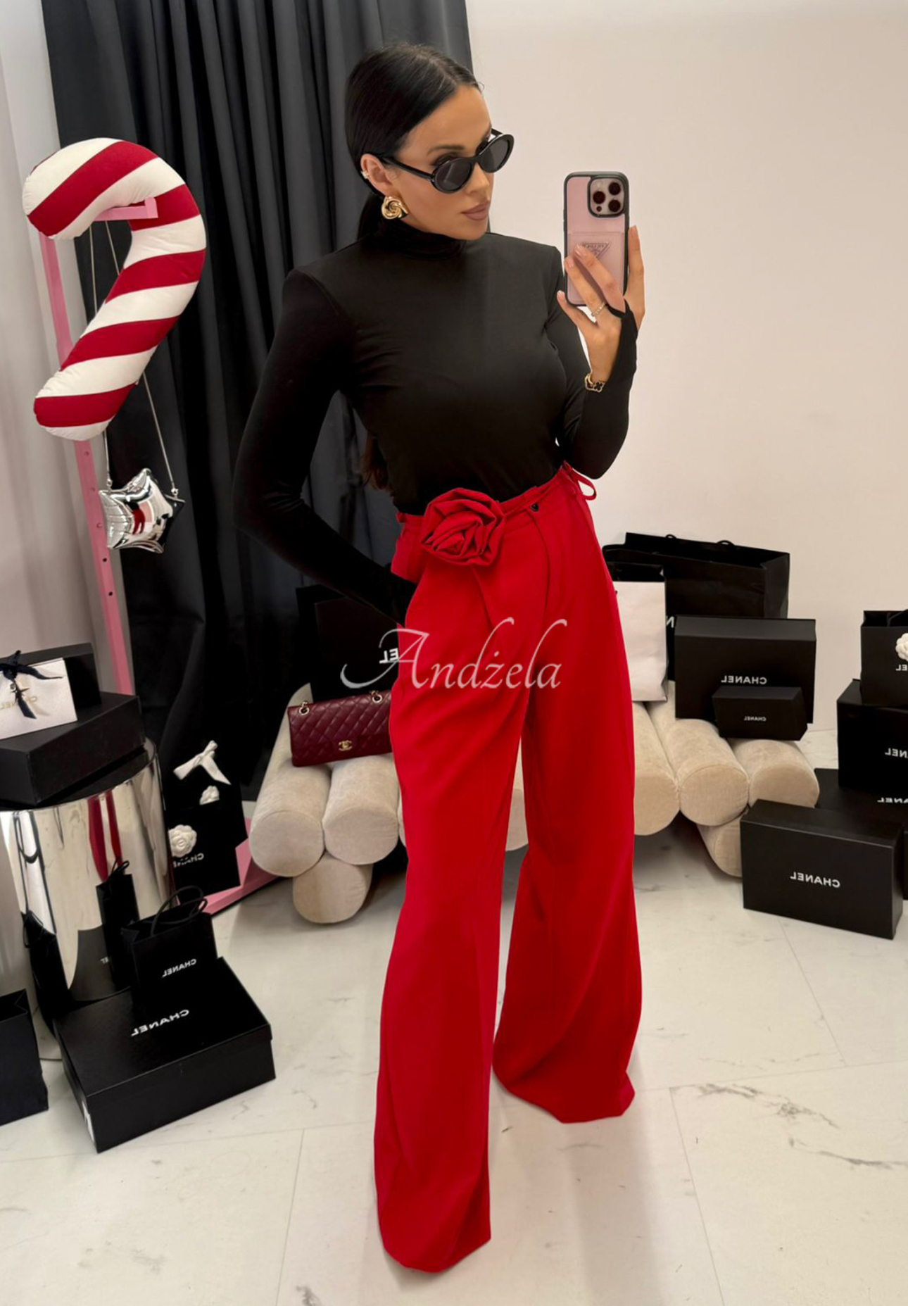 Pantaloni wide leg din viscoză cu floare La Milla Red Rose