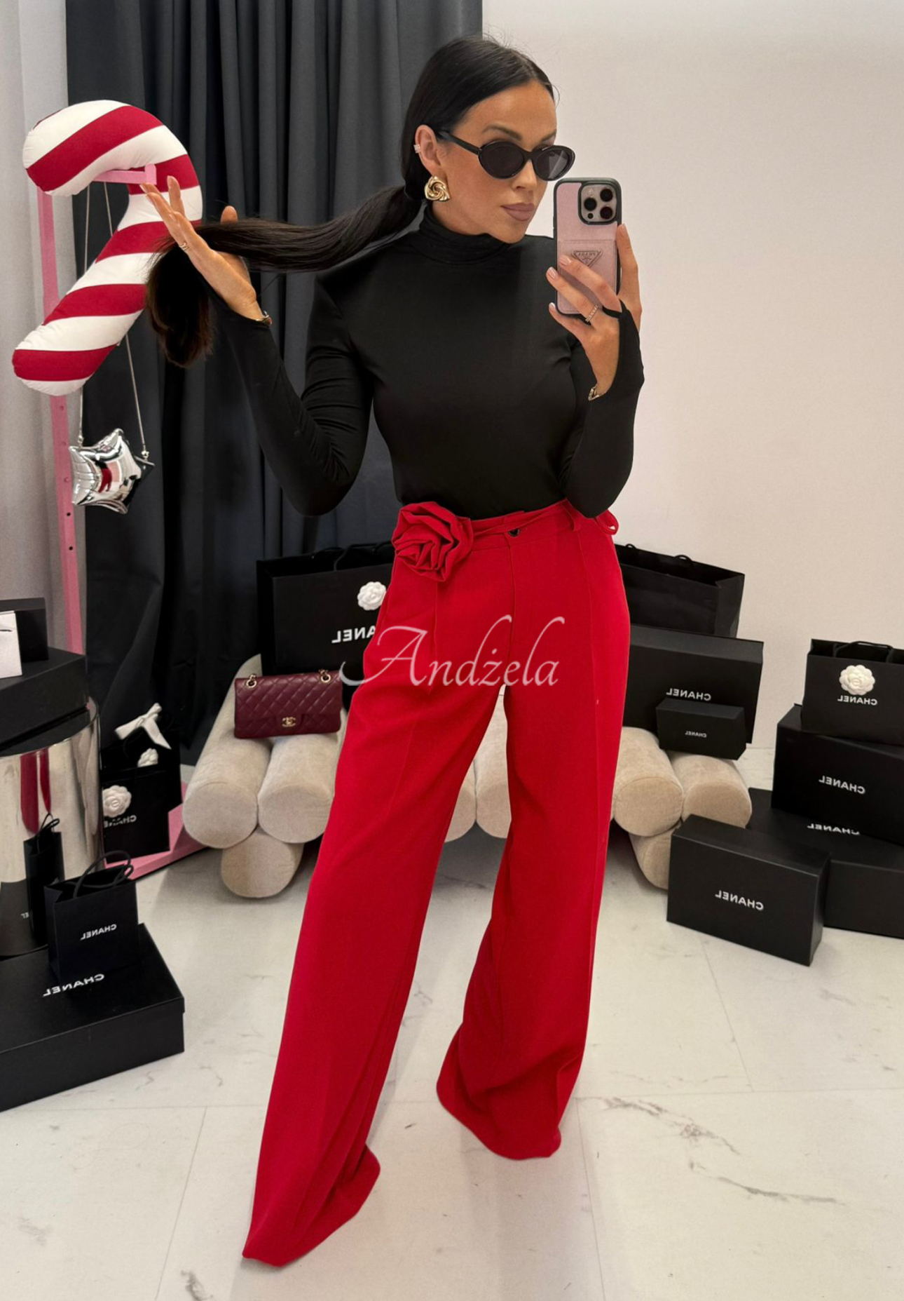 Pantaloni wide leg din viscoză cu floare La Milla Red Rose