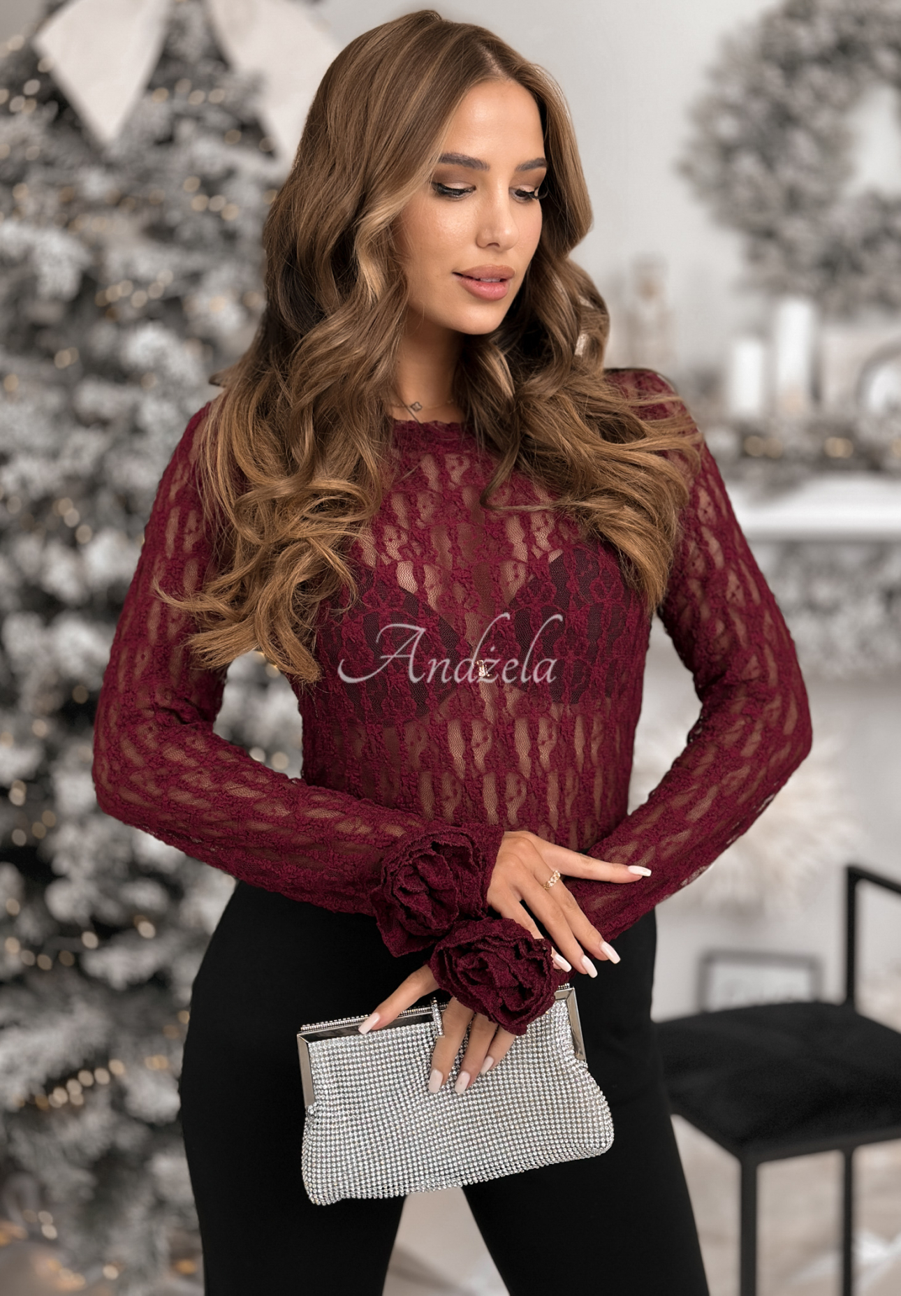 Bluză longsleeve din dantelă cu trandafiri Lace &amp; Roses