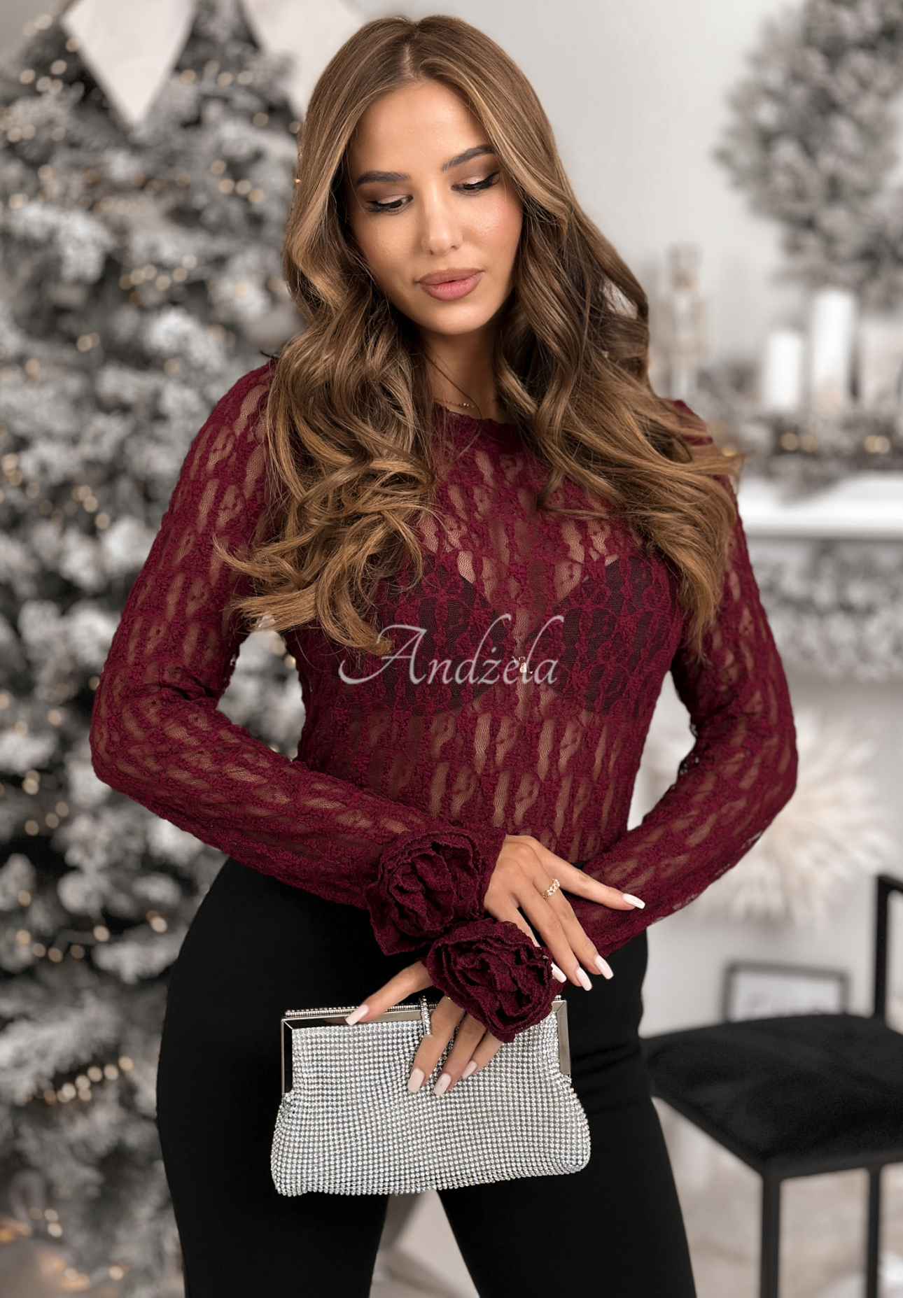 Bluză longsleeve din dantelă cu trandafiri Lace & Roses