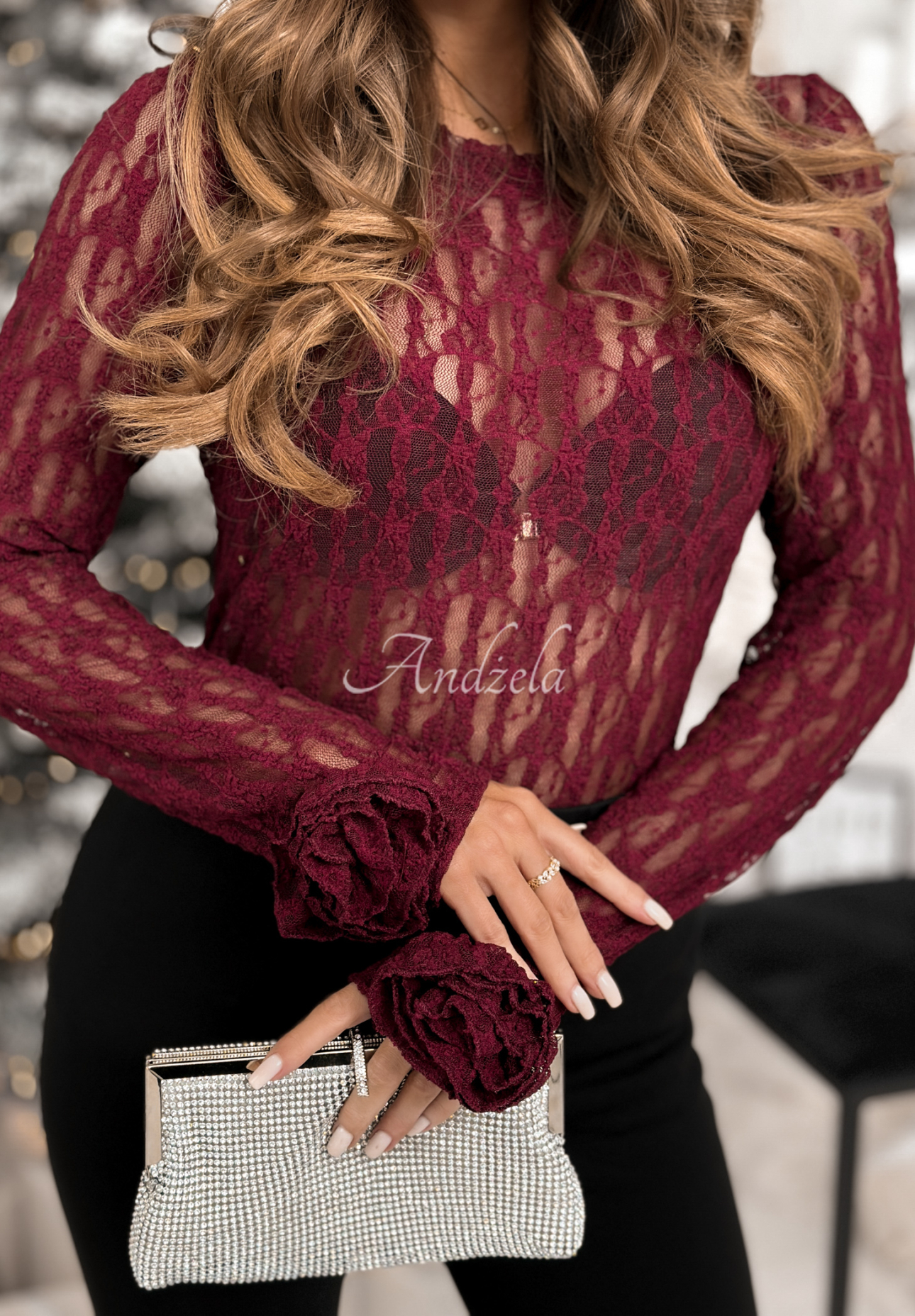 Bluză longsleeve din dantelă cu trandafiri Lace &amp; Roses