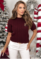 Ozdobnie pleciony Pulover Miss Me burgundowy